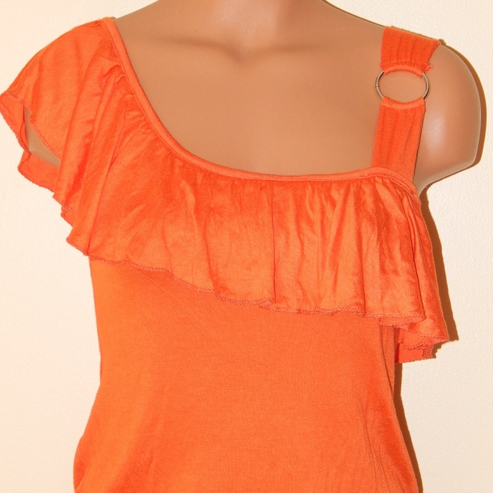 BODY CENTRAL Top Ruffle Front Orange Elastic Hem EUC